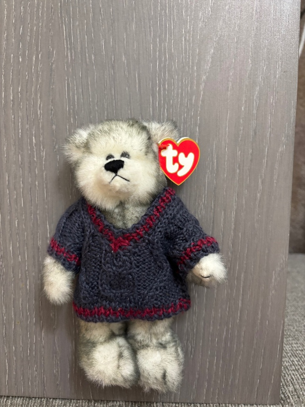 Attic treasures collection, TY beanie baby Fairbanks with his sweater and tag